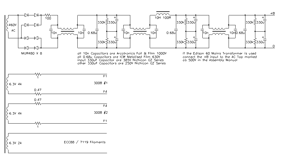 Schematic: power supply with a bridge of eight MUR480 diodes, a multi-stage filter with chokes and filter capacitors, and separate 6.3 V heater windings