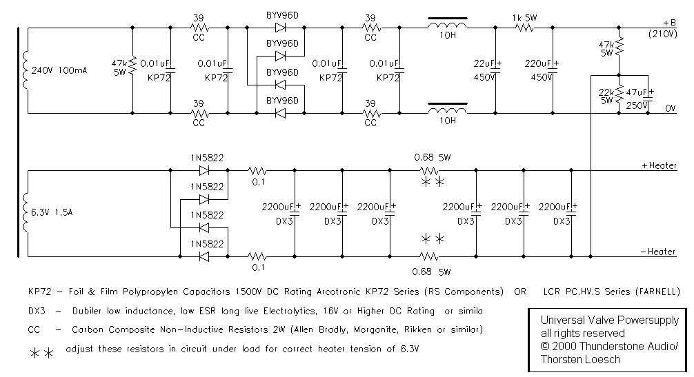 Schematic: simple valve power supply with choke-input HT and a 6.3 V heater supply