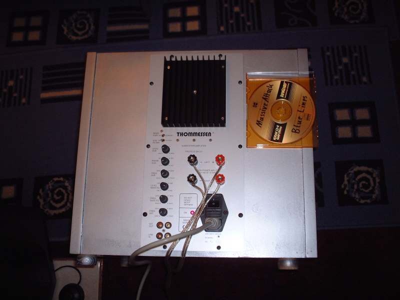 Photograph: the plate amplifier from above, a heatsink and rows of control knobs