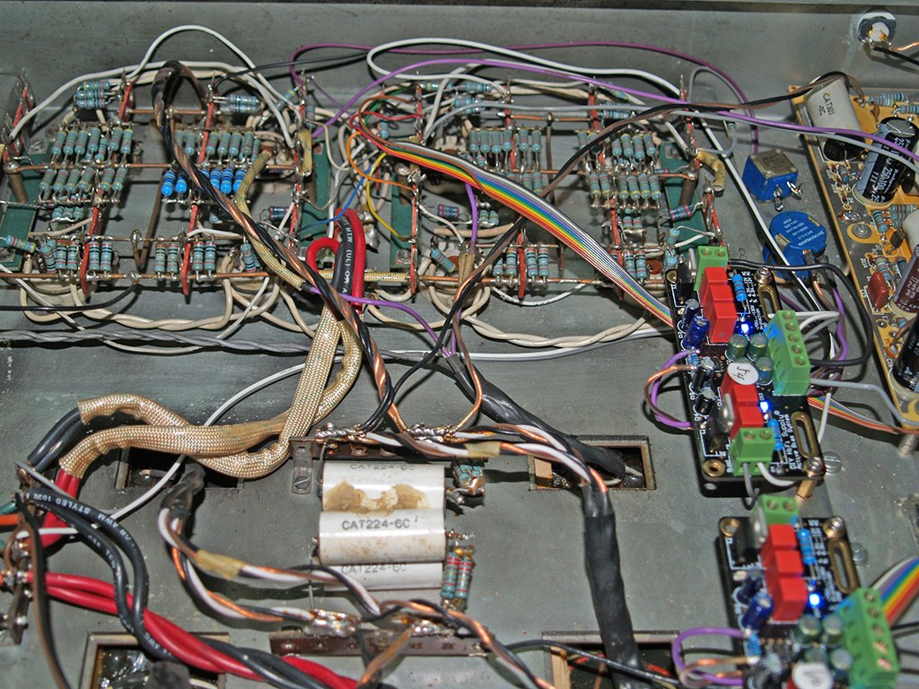 Photograph: close-up of resistor strips and cable looms next to a bias module