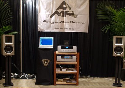 A hi-fi show room with small loudspeakers